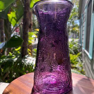 Amethyst Purple Glass Vase with Cabbage Rose design and Acorn Mark on the bottom